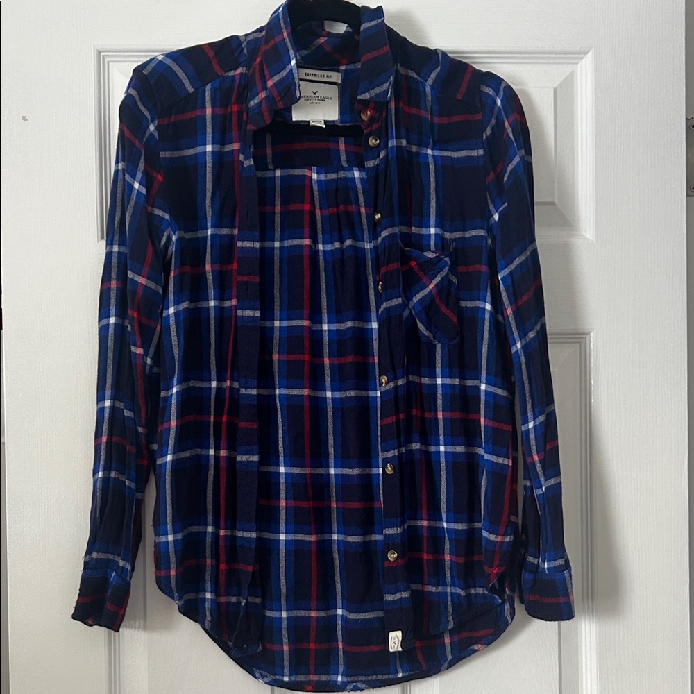 American Eagle Outfitters Blue and Red Plaid Button-Down Shirt
